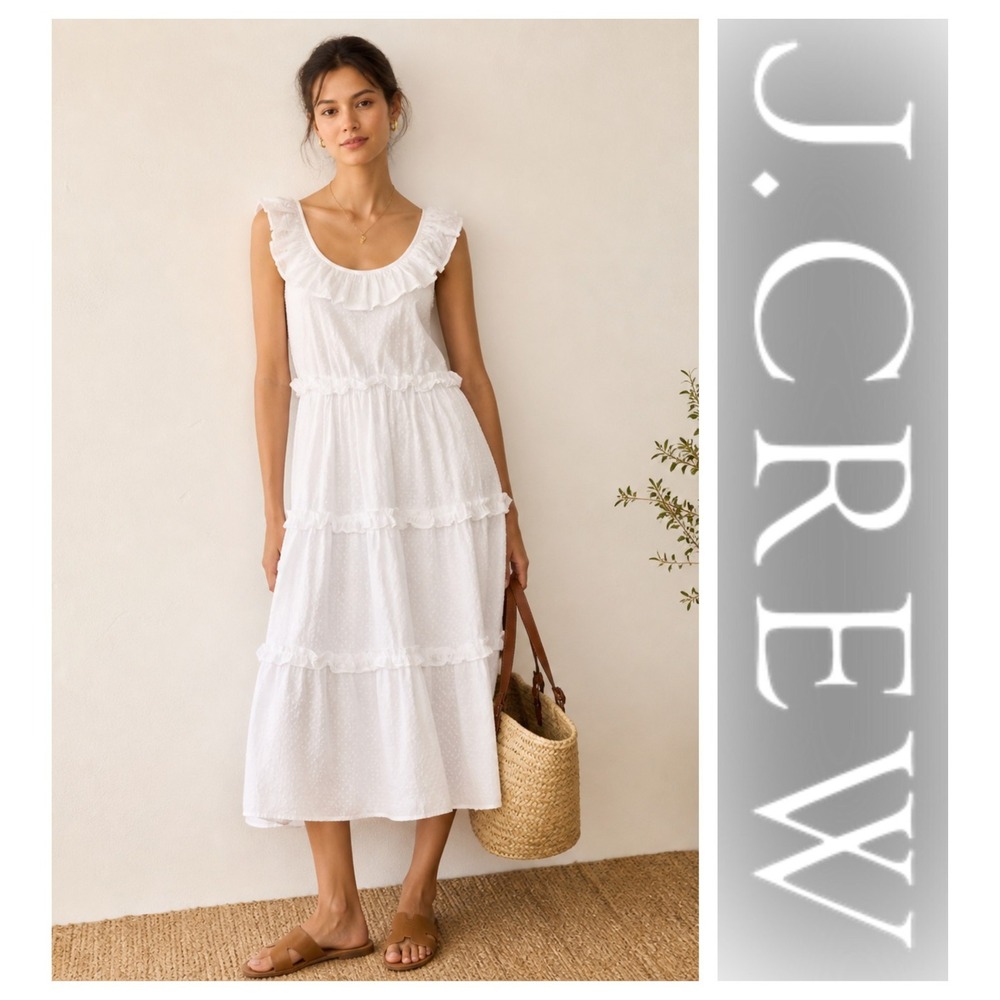 J. Crew White Ruffle Swiss Dot Scoop Neck Tiered Beach Resort Midi Dress Size 10